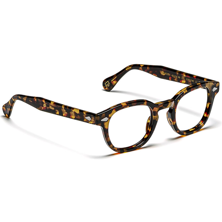 A pair of lepard print MOSCOT glasses on a white background