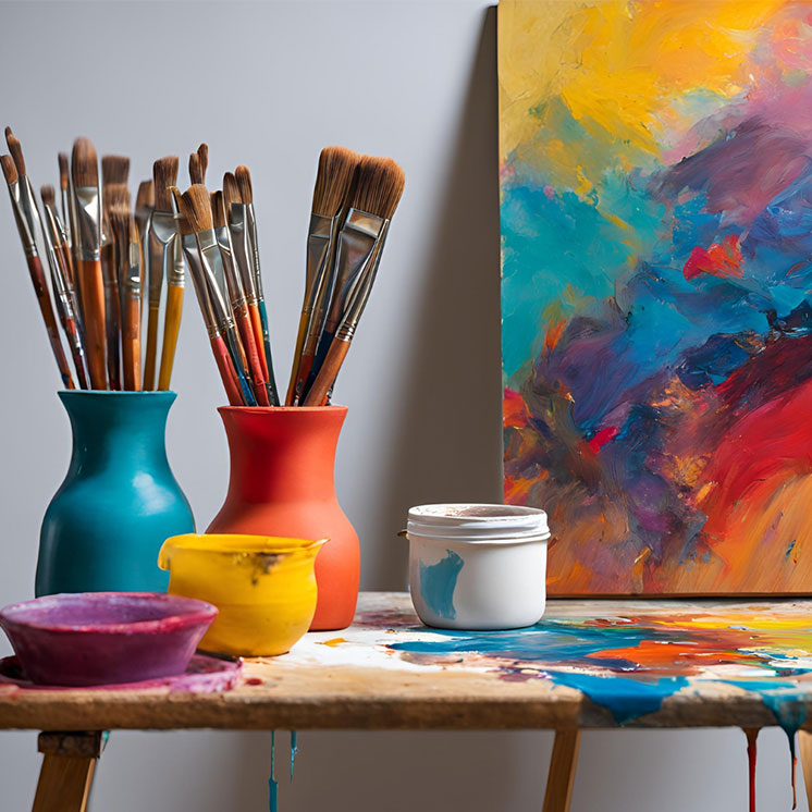 A selection of paint brushes on a table next to a multi colour paint canvas