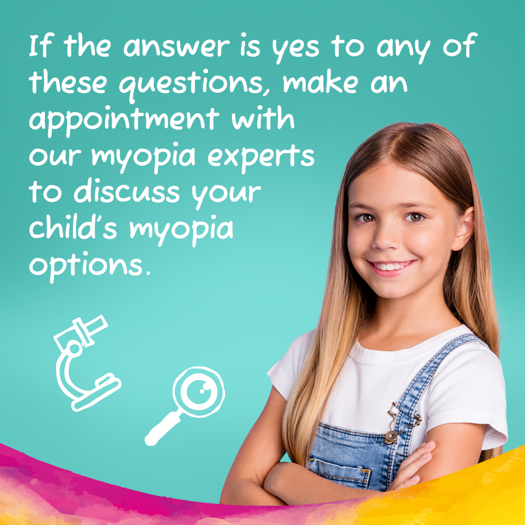 Opticians equipement icons on a green background with text discussing myopia management