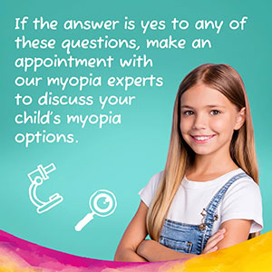 Opticians equipement icons on a green background with text discussing myopia management